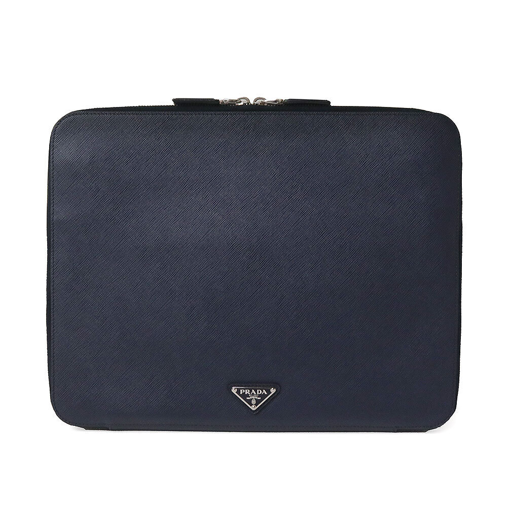 Prada Shoulder Clutch Bag Triangle Plate Saffiano Travel Baltico Navy Blue